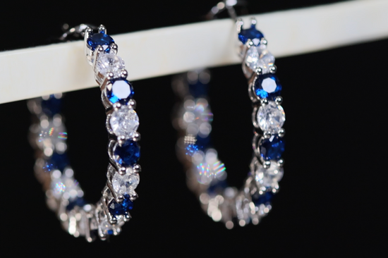 Blue Diamond Hoop Earrings | Blue Diamond Earrings | Sapphire Earrings