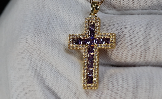 Purple Diamond Cross Pendant | Gold Diamond Cross