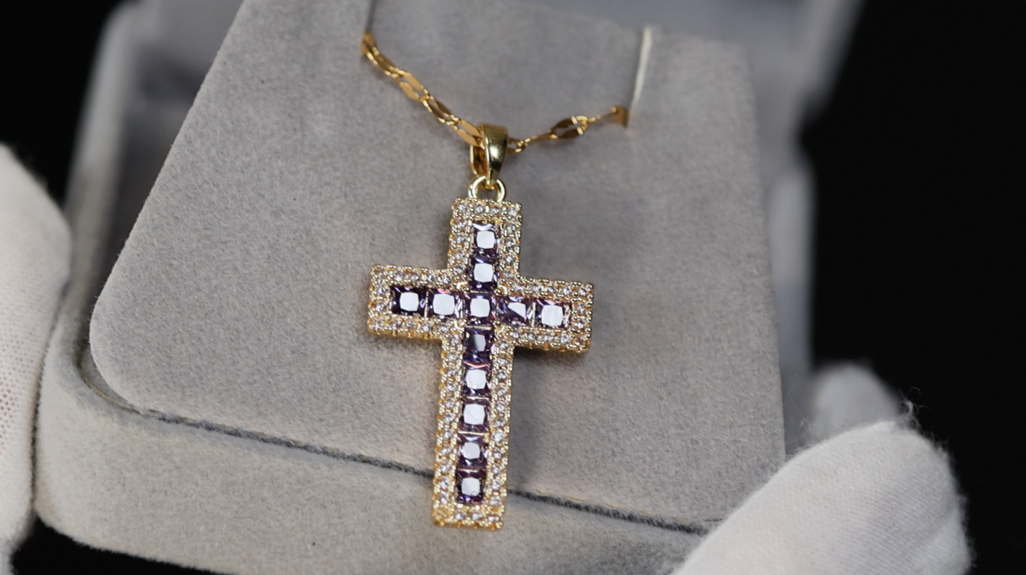 Purple Diamond Cross Pendant | Gold Diamond Cross