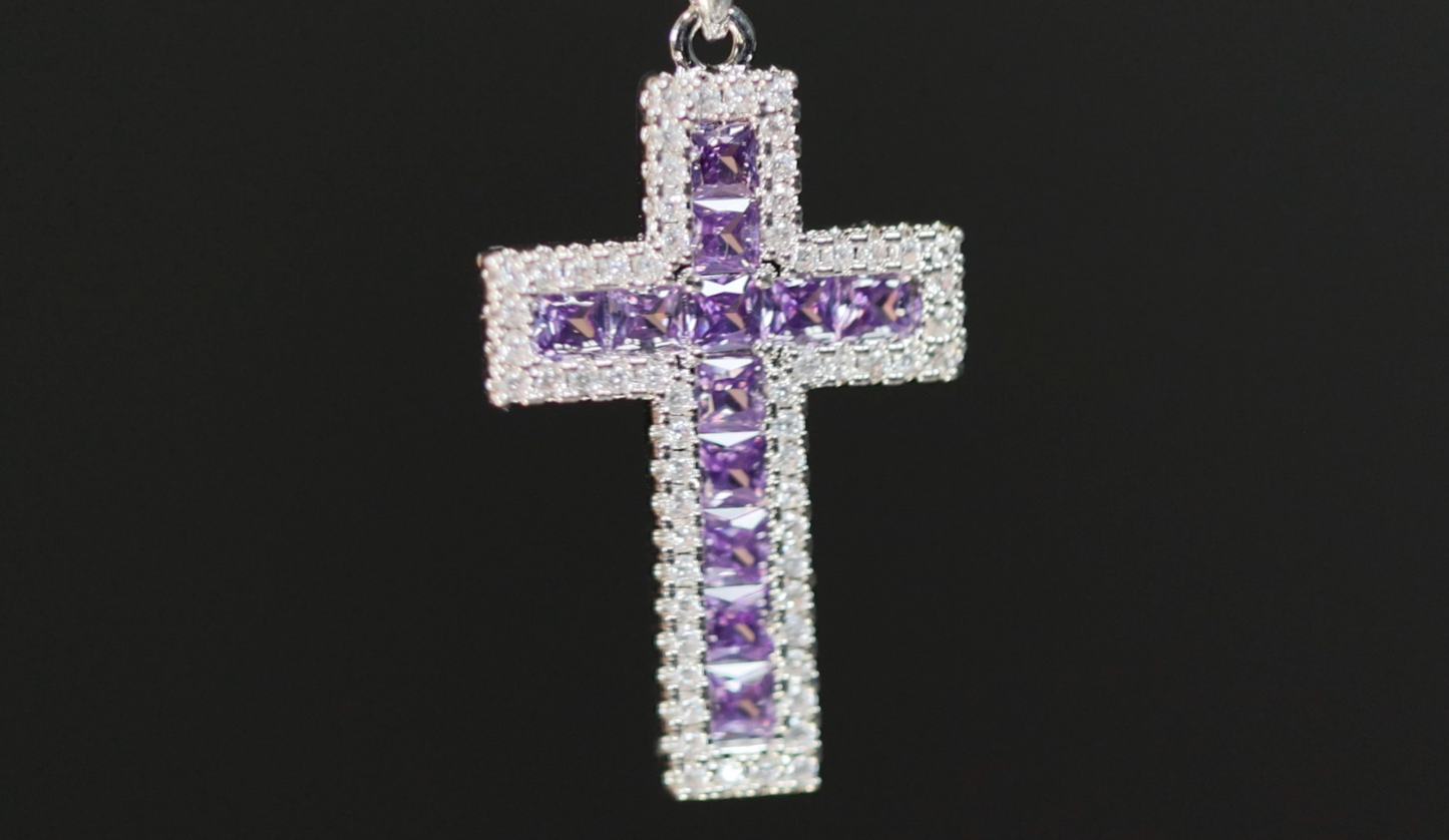 Purple Diamond Cross Pendant | Princess Cut Diamond Cross