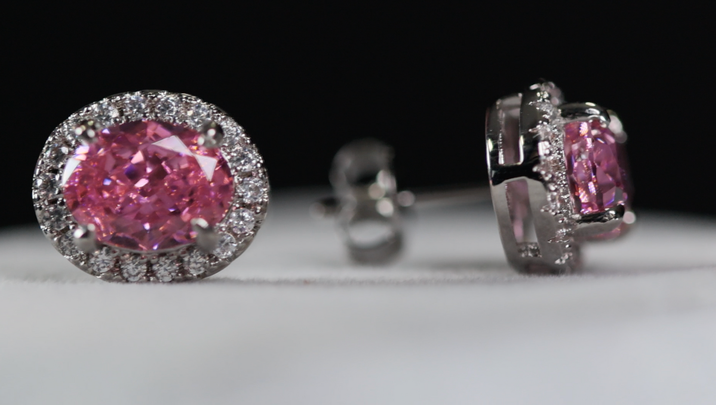 Pink Oval Diamond Ear Studs