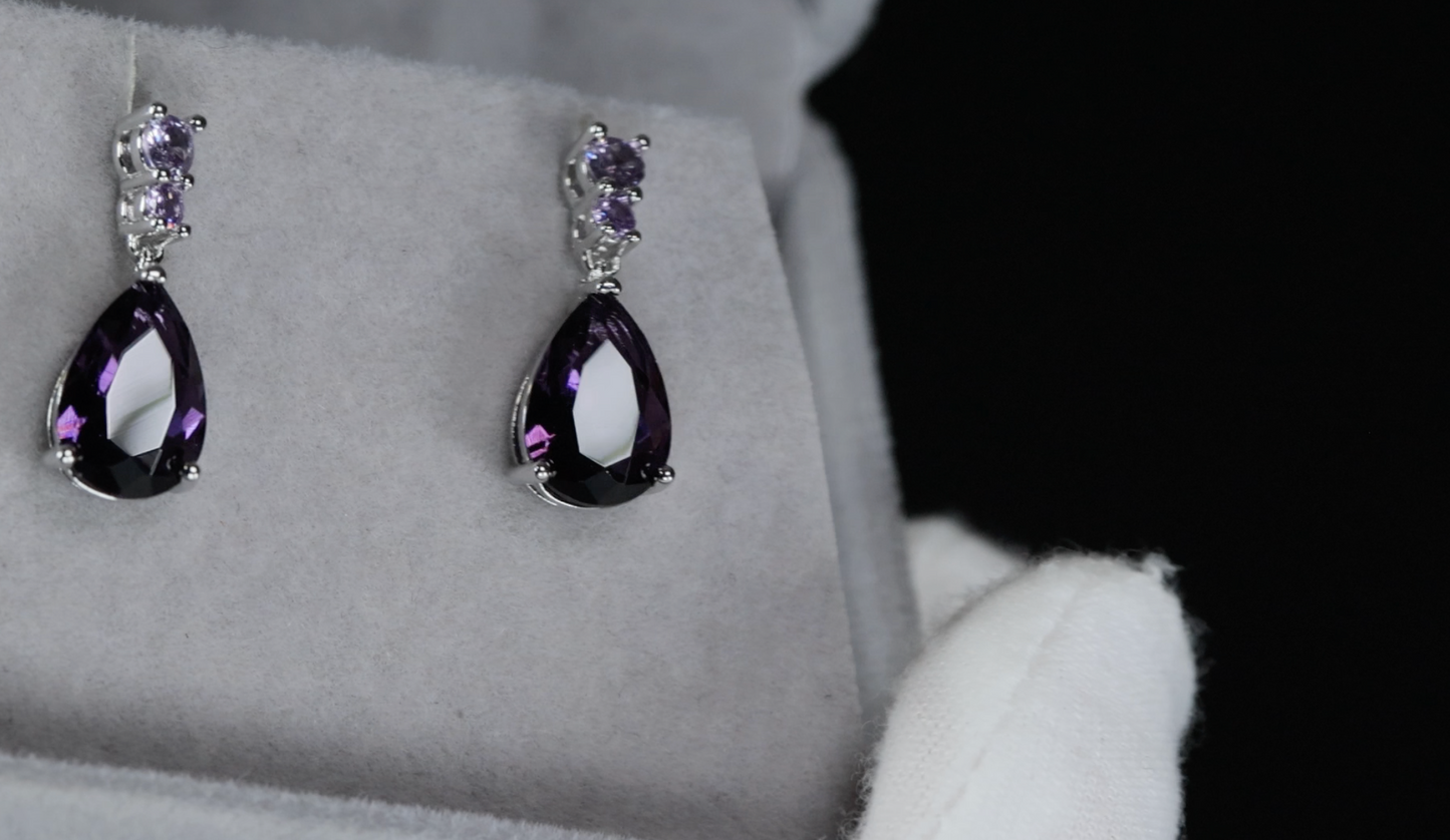 Purple Diamond Earrings | Purple Pear Cut Diamonds Earrings