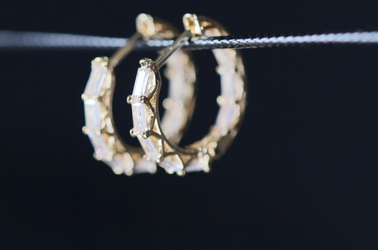 Mens Gold Diamond Hoop Earrings | Womens Gold Baguette Diamond Earrings