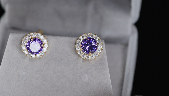 Womens Diamond Earrings | Purple Diamond Earrings | Gold Purple Earrings