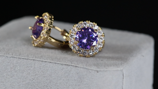 Womens Diamond Earrings | Purple Diamond Earrings | Gold Purple Earrings