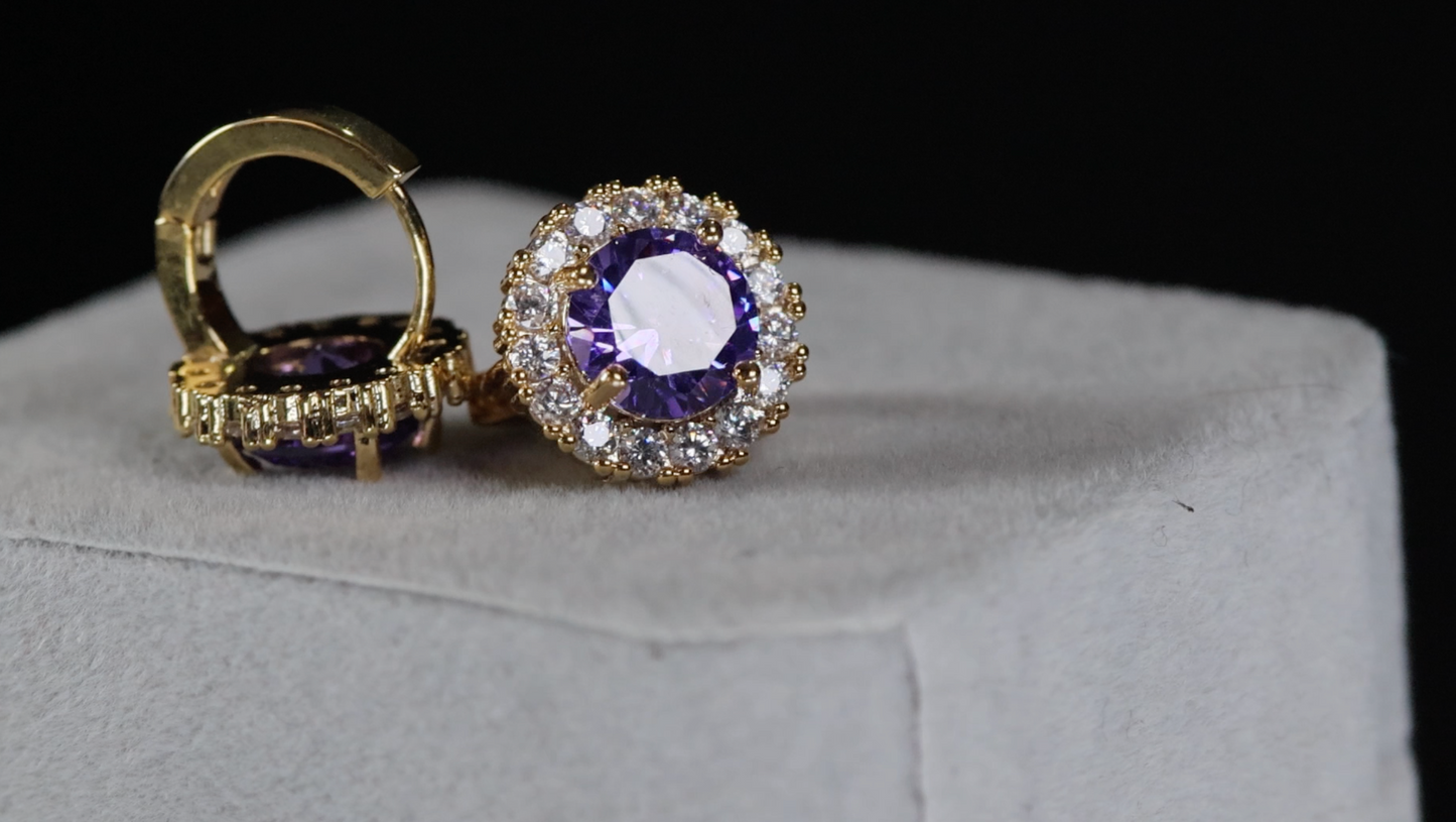 Womens Diamond Earrings | Purple Diamond Earrings | Gold Purple Earrings