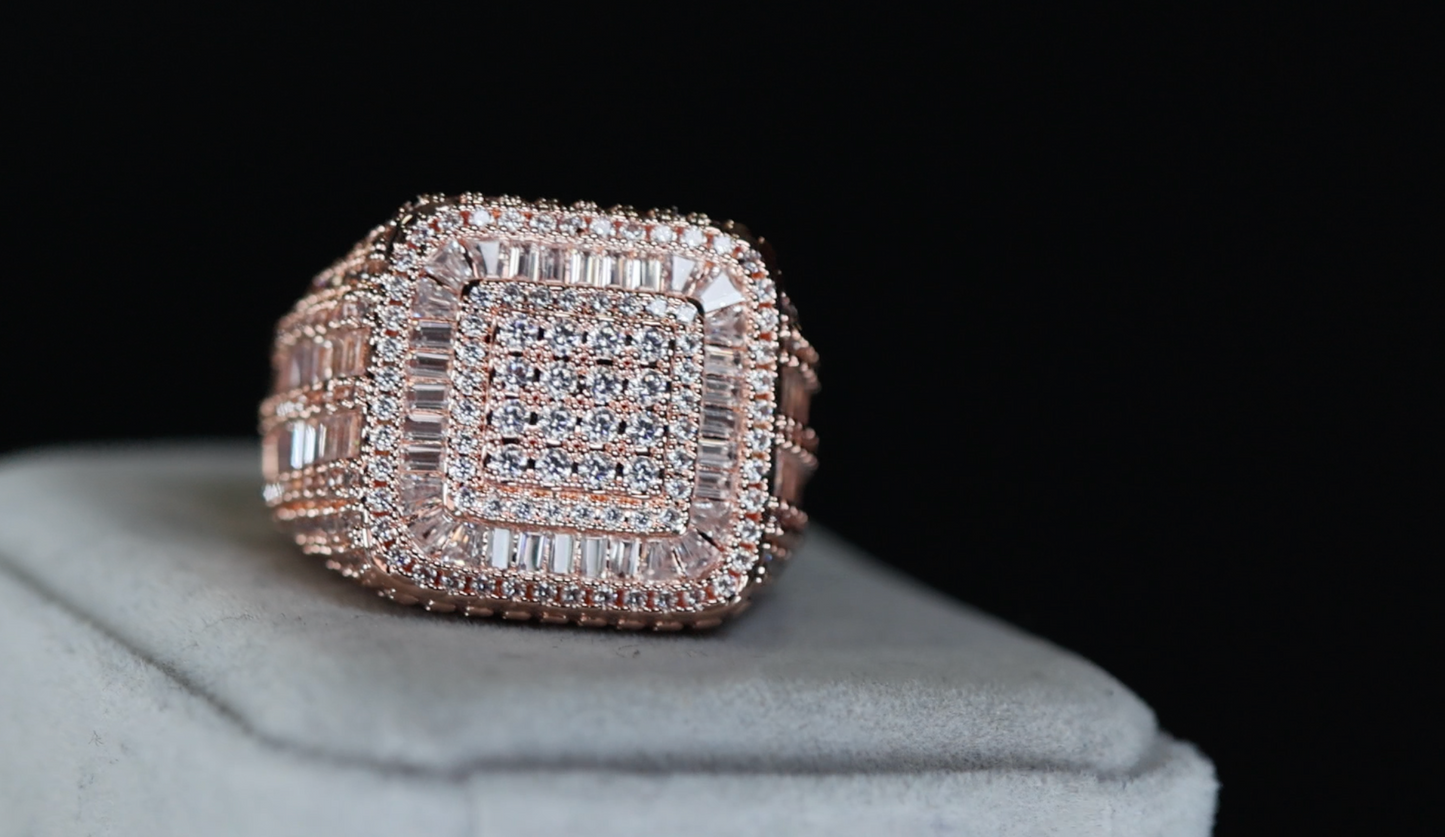 Mens Iced Out Ring | Mens Big Rose Gold Diamond Ring | Rose Gold Hip Hop Ring