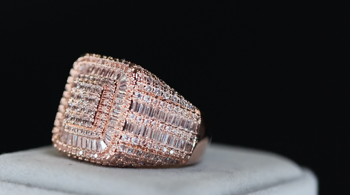 Mens Iced Out Ring | Mens Big Rose Gold Diamond Ring | Rose Gold Hip Hop Ring