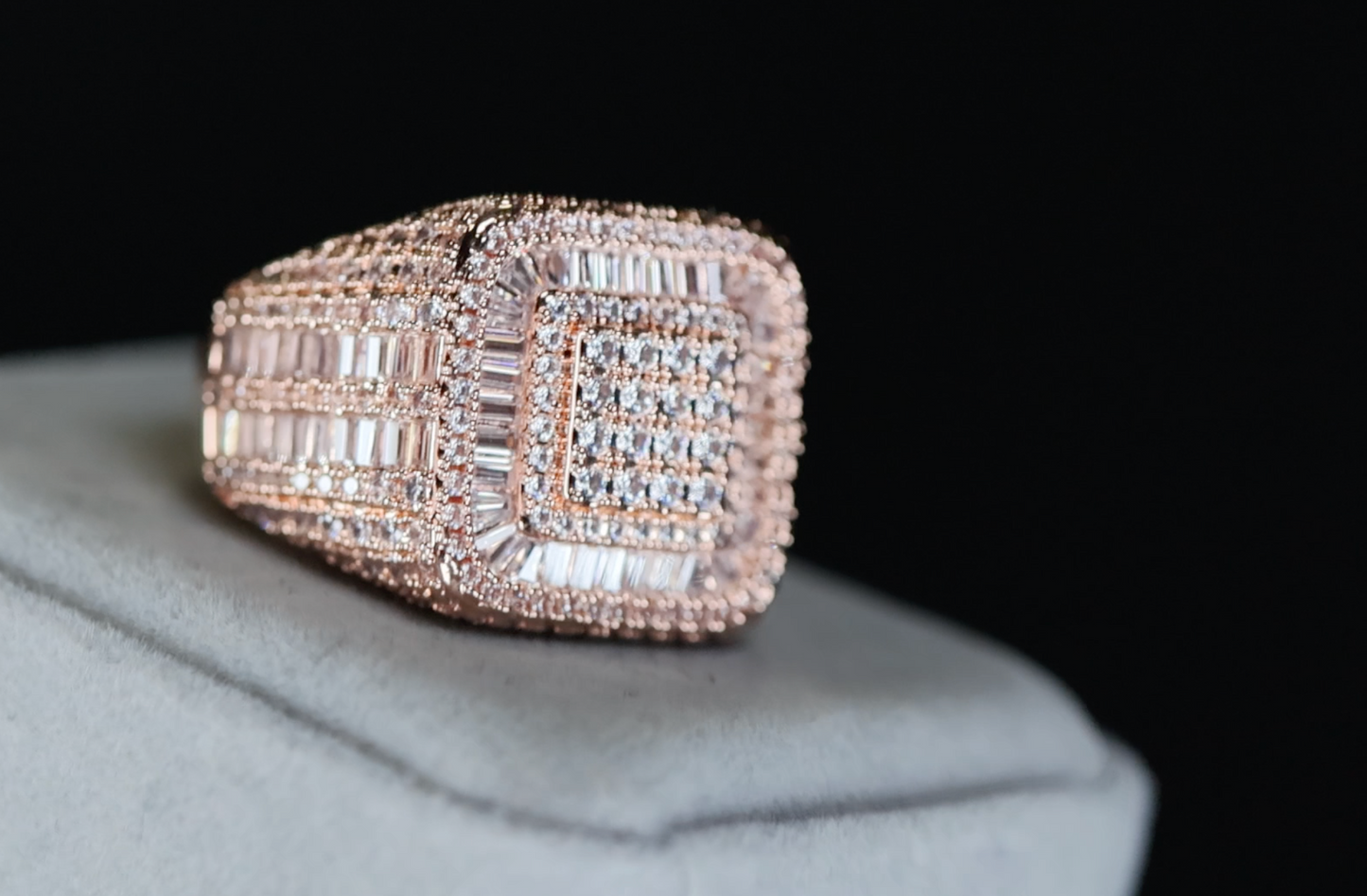 Mens Iced Out Ring | Mens Big Rose Gold Diamond Ring | Rose Gold Hip Hop Ring