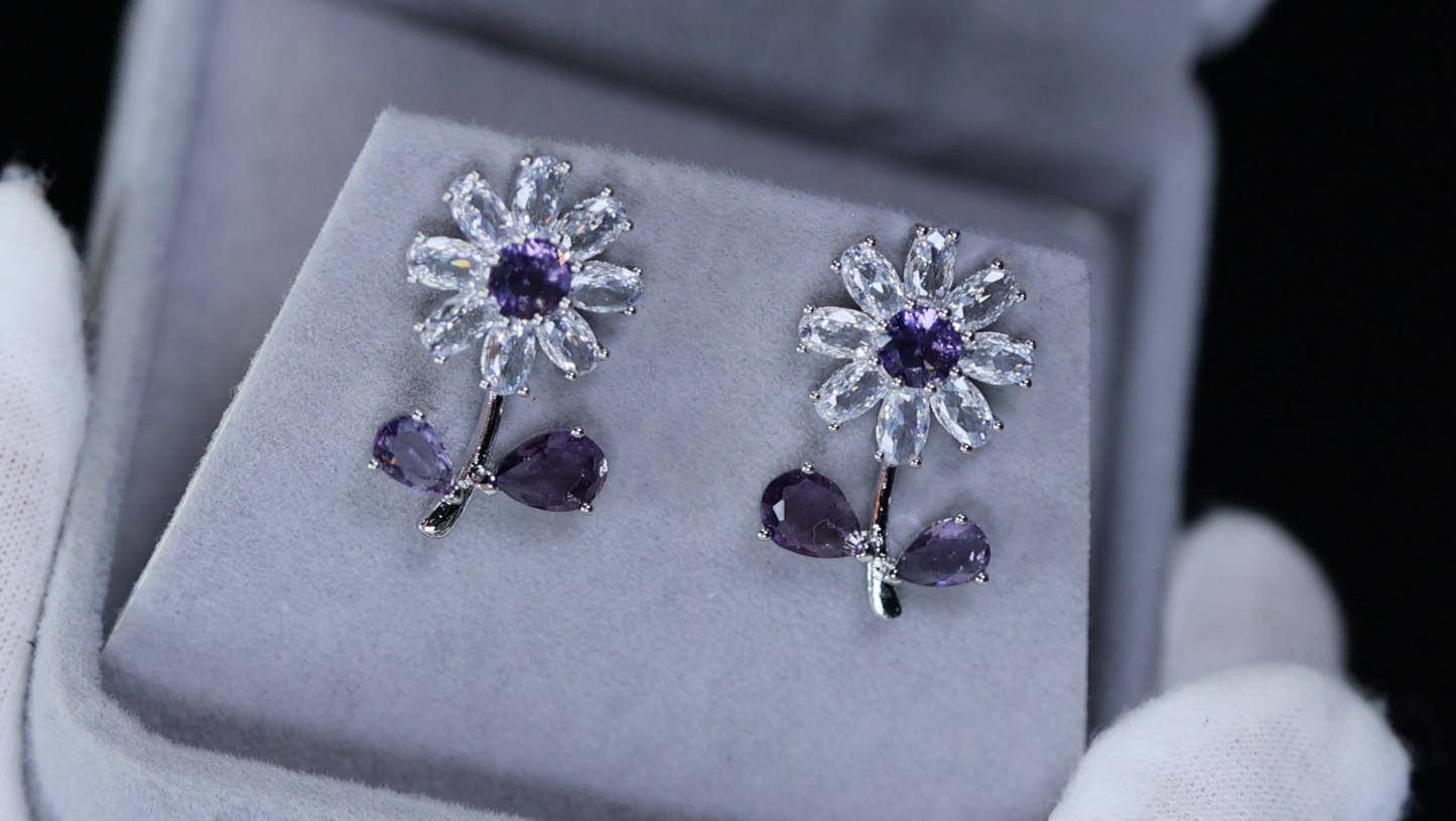 Flower Diamond Earrings | Purple Diamond Flower Earrings