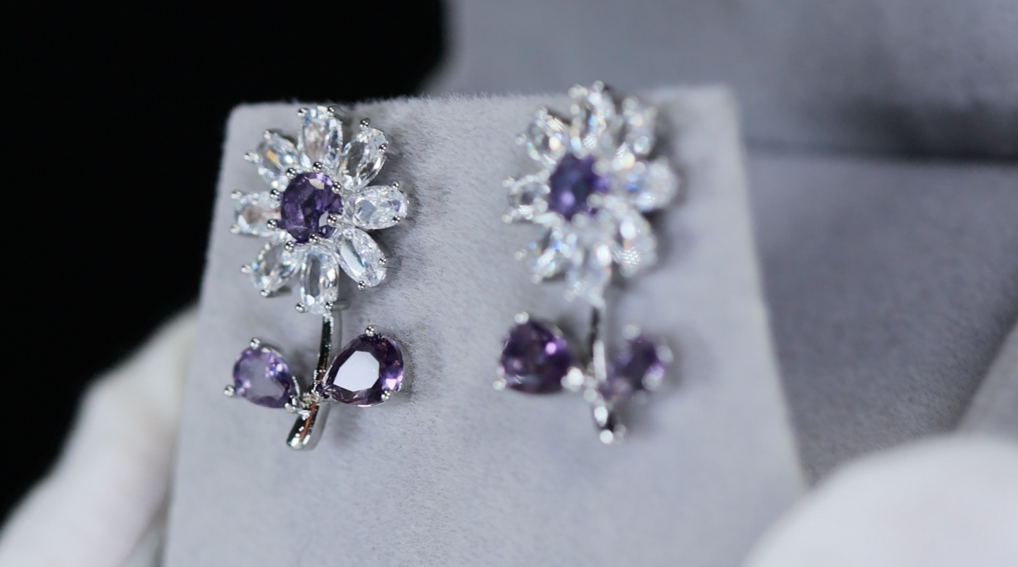 Flower Diamond Earrings | Purple Diamond Flower Earrings