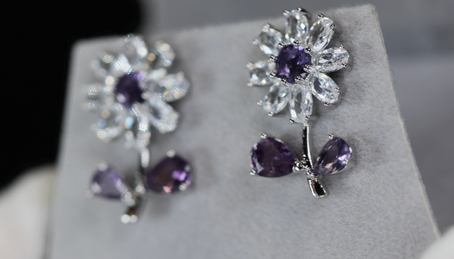 Flower Diamond Earrings | Purple Diamond Flower Earrings