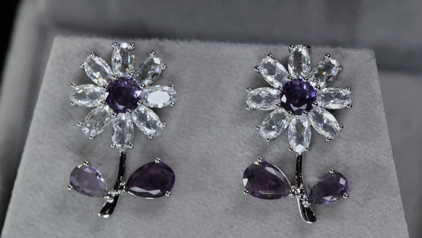 Flower Diamond Earrings | Purple Diamond Flower Earrings