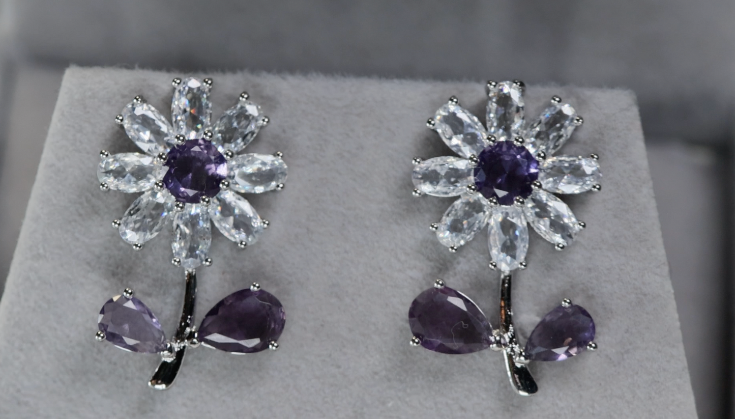 Flower Diamond Earrings | Purple Diamond Flower Earrings