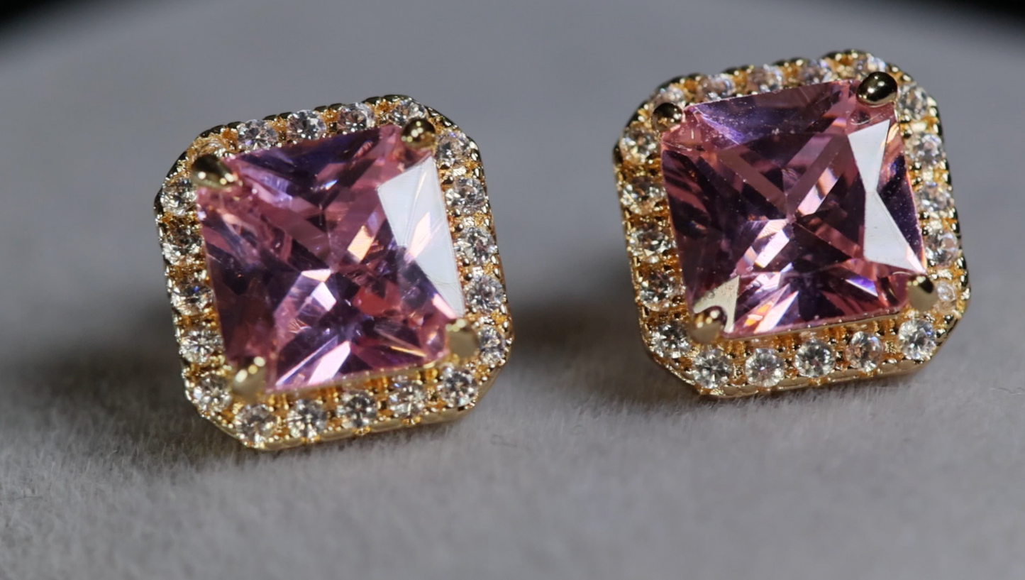 Gold Pink Diamond Ear Studs | Princess Cut Diamond Ear Studs