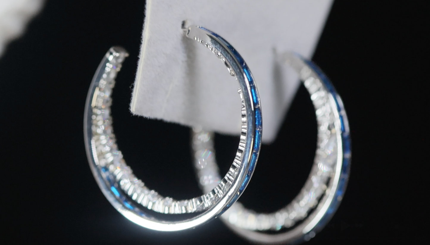 Blue Diamond Hoop Earrings | Sapphire Earrings | Baguette Earrings