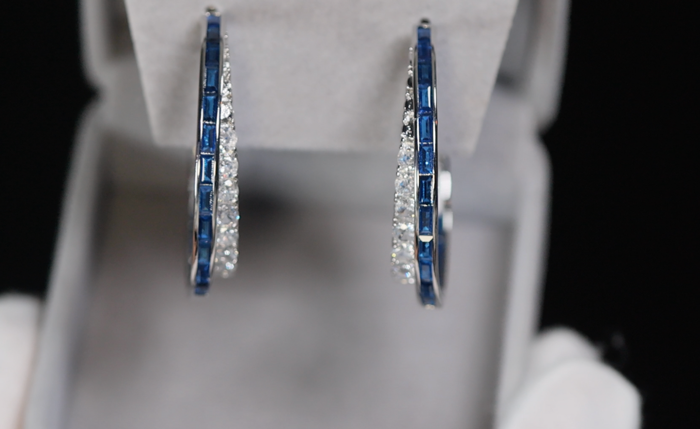 Blue Diamond Hoop Earrings | Sapphire Earrings | Baguette Earrings