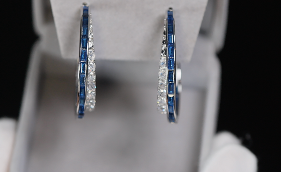 Blue Diamond Hoop Earrings | Sapphire Earrings | Baguette Earrings