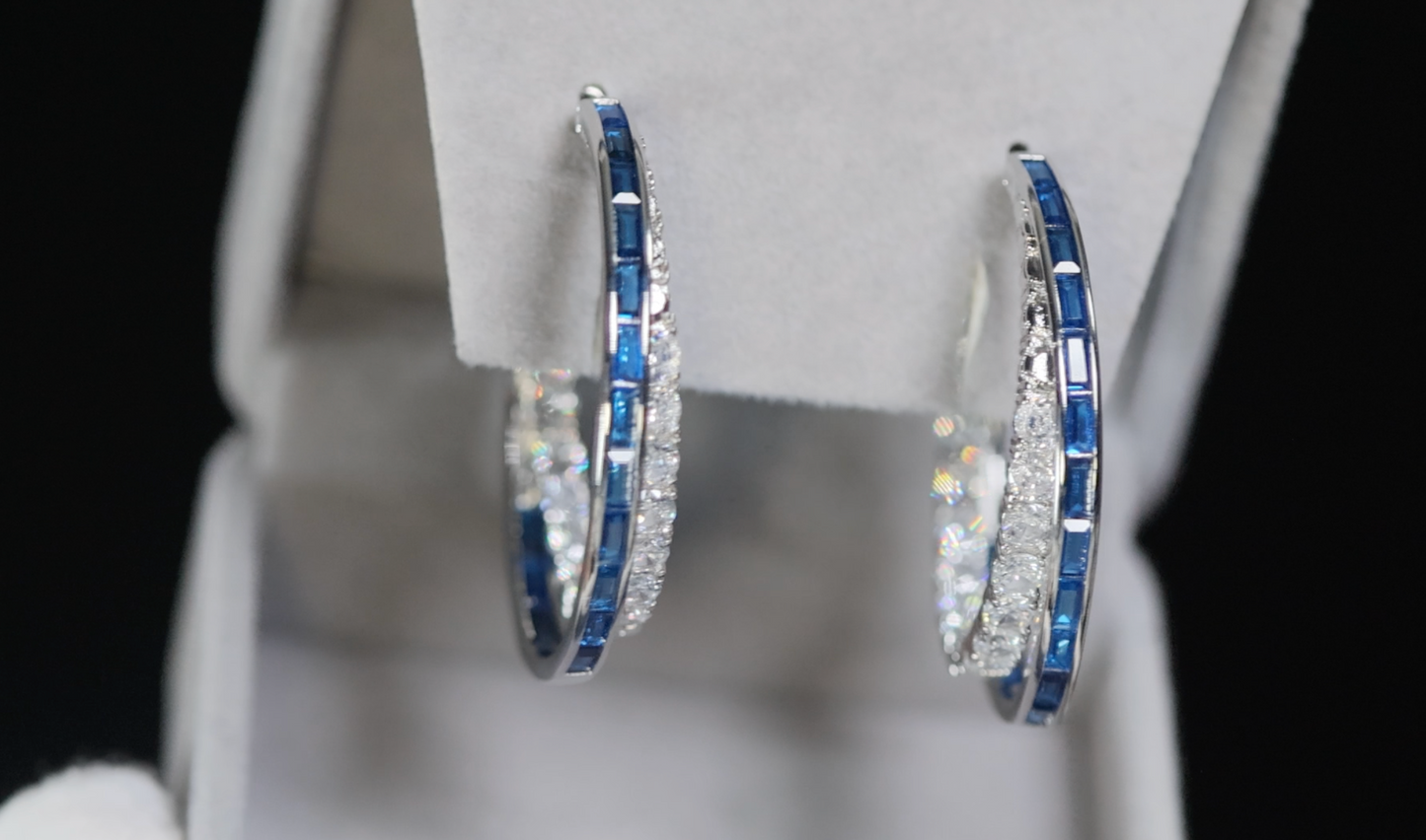 Blue Diamond Hoop Earrings | Sapphire Earrings | Baguette Earrings