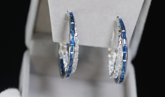 Blue Diamond Hoop Earrings | Sapphire Earrings | Baguette Earrings
