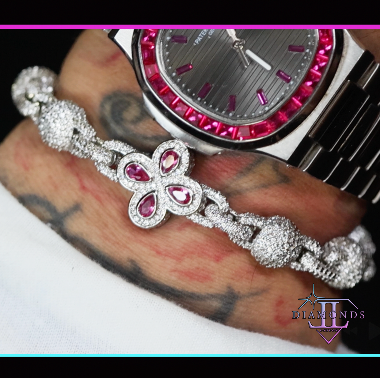 Silver bracelet with pink gemstones