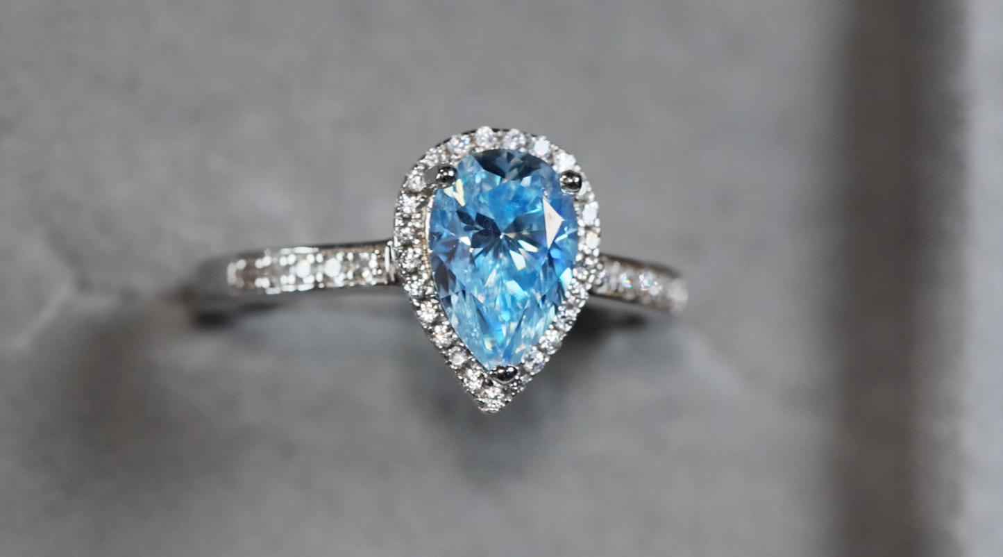 Blue Moissanite Diamond Ring | Blue Pear Cut Moissanite Diamond Ring