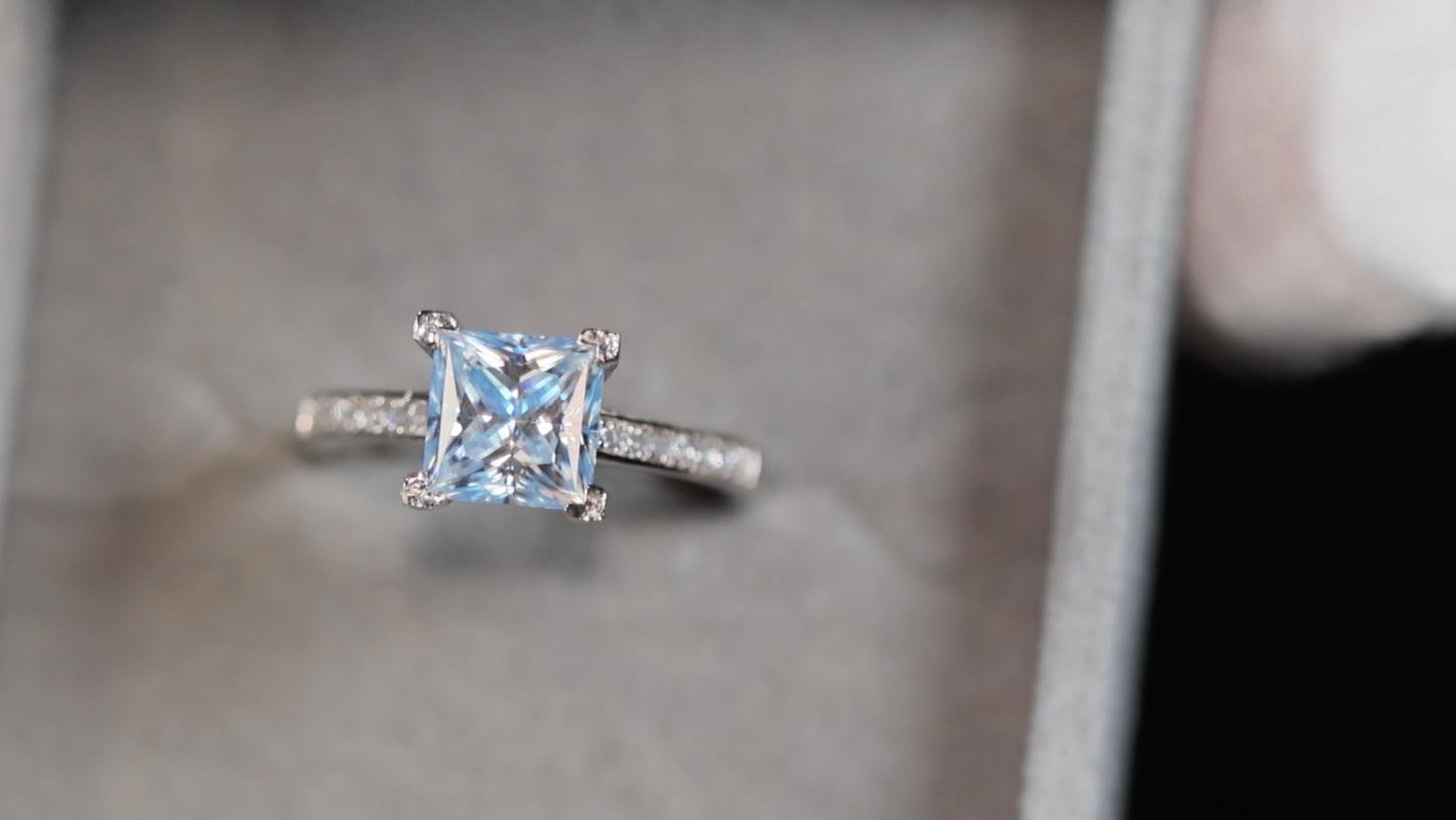 Blue Princess Cut Moissanite Diamond Ring | Blue Moissanite Diamond Ring