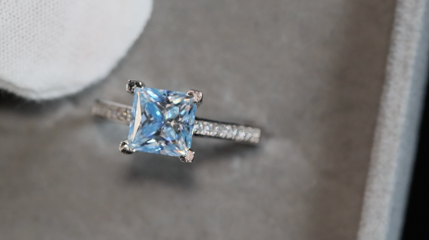 Blue Princess Cut Moissanite Diamond Ring | Blue Moissanite Diamond Ring