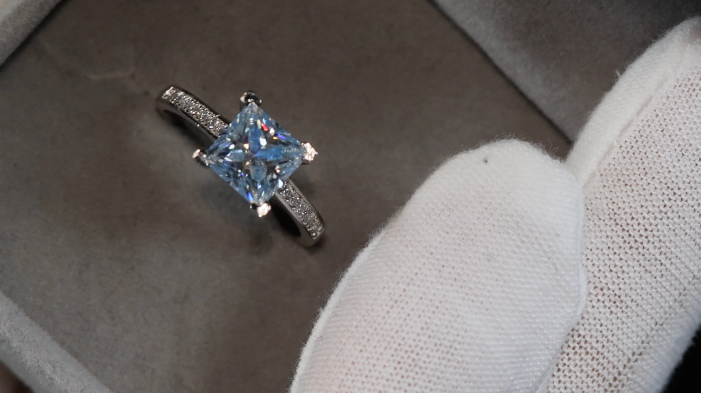 Blue Princess Cut Moissanite Diamond Ring | Blue Moissanite Diamond Ring