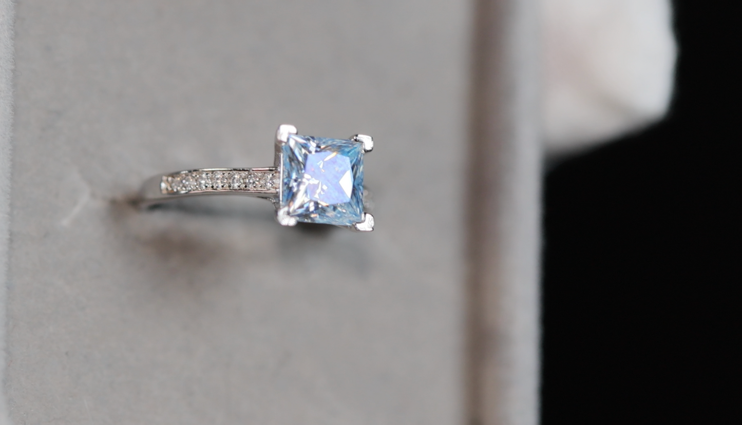 Blue Princess Cut Moissanite Diamond Ring | Blue Moissanite Diamond Ring