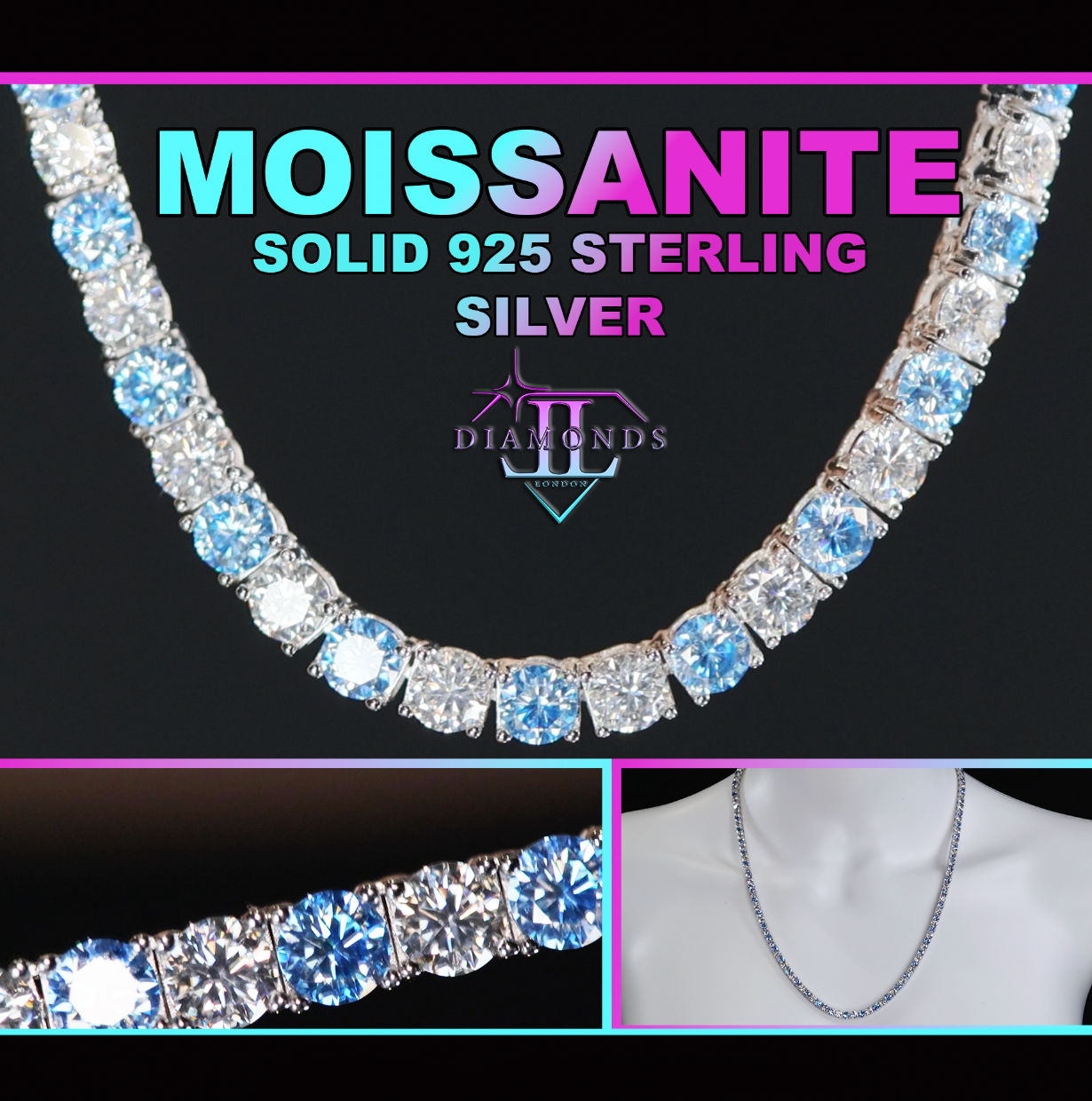 Blingworld Men's 4mm Solitaire Tennis Chain Necklace – Lab Diamond Look, Silver/Blue, 18-24"