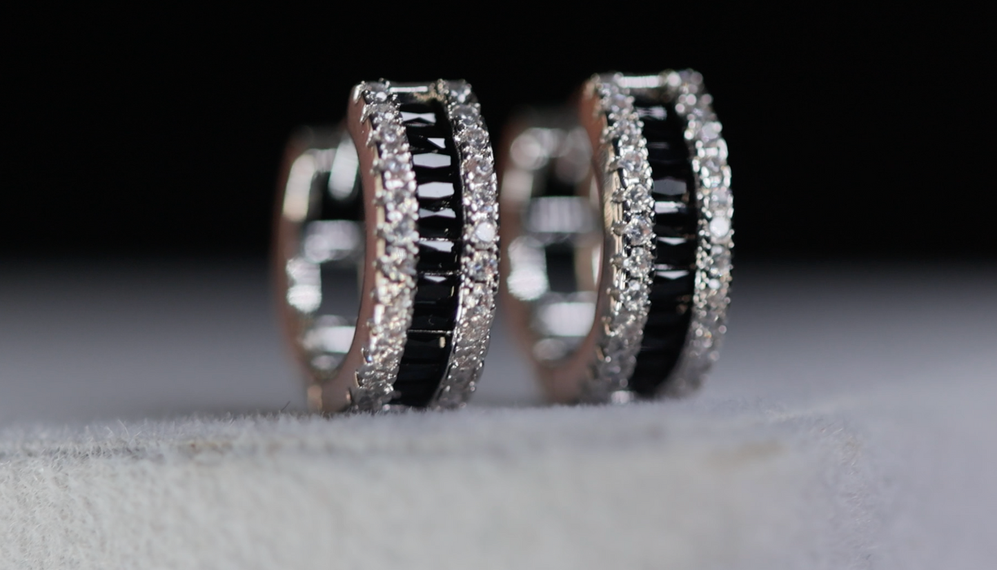 Mens Black Baguette Diamond Hoop Earrings