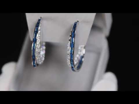 Sapphire blue baguette diamond hoop earrings