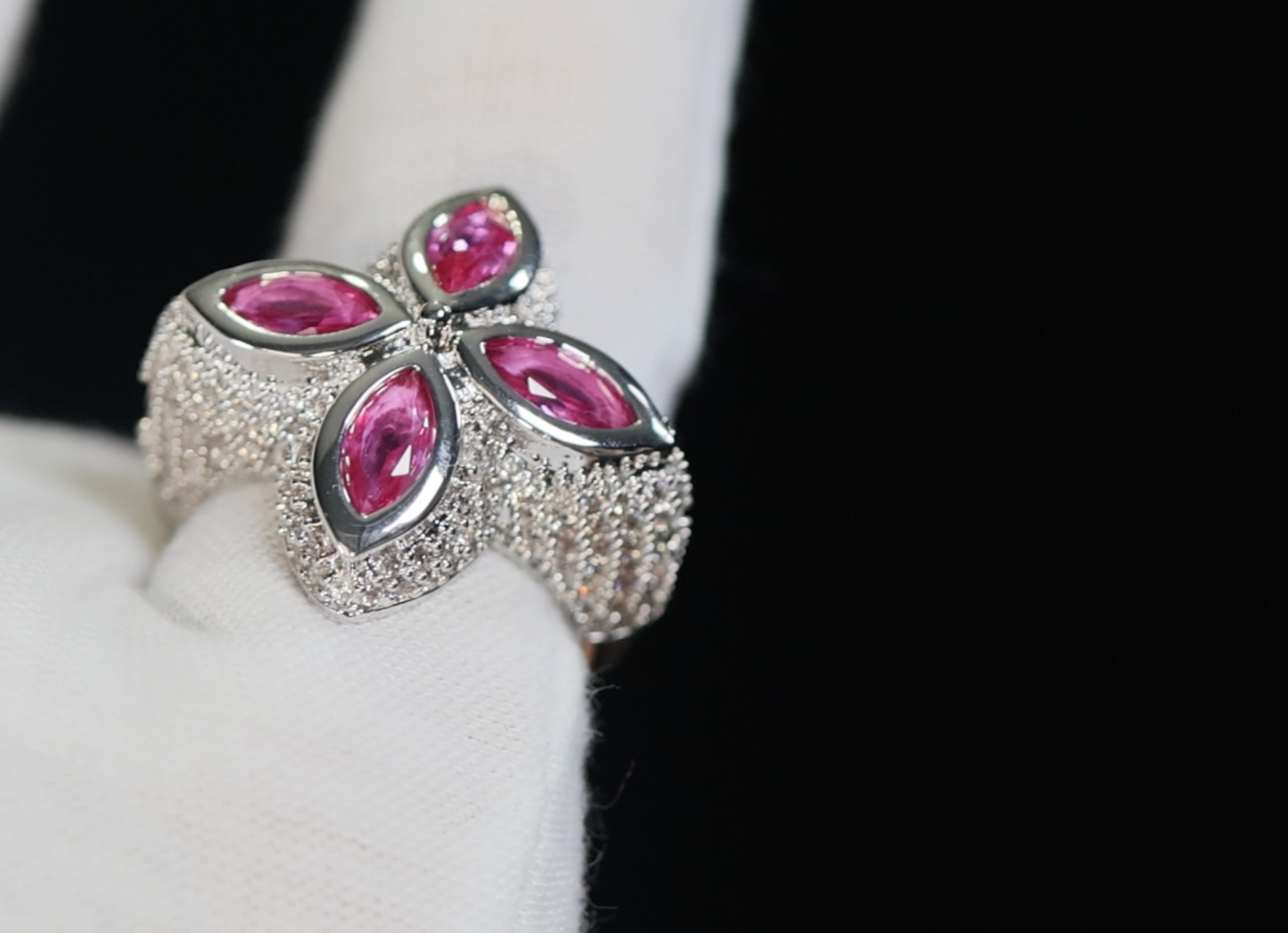 Silver Pink Diamond Clover Ring
