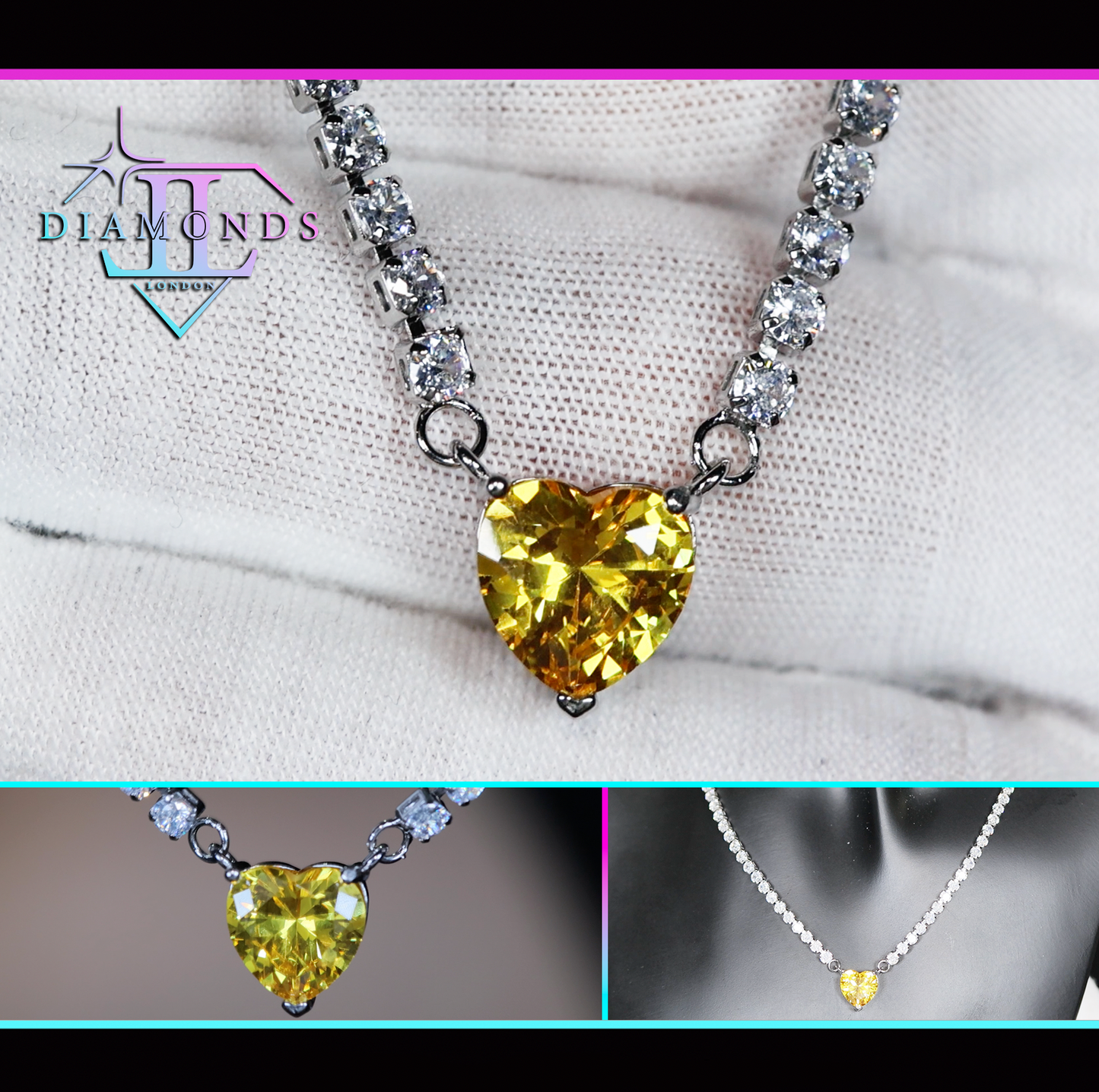 Yellow Diamond Heart Necklace | Heart Necklace with Diamonds | Diamond Heart Pendant  | Yellow Diamond Necklace