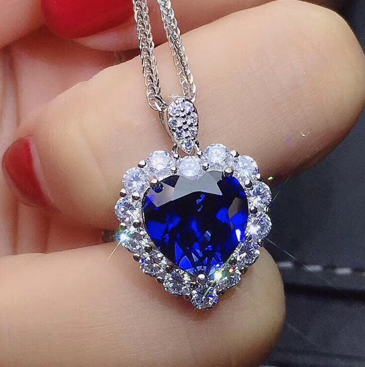 Sapphire Blue Diamond Heart Necklace | Womens Diamond Necklace | Sapphire Blue Diamond Necklace | Blue Diamond Pendant  | Heart Necklace