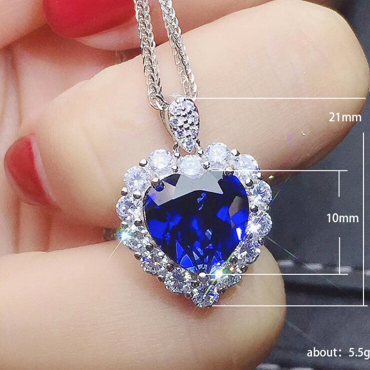 Sapphire Blue Diamond Heart Necklace | Womens Diamond Necklace | Sapphire Blue Diamond Necklace | Blue Diamond Pendant  | Heart Necklace