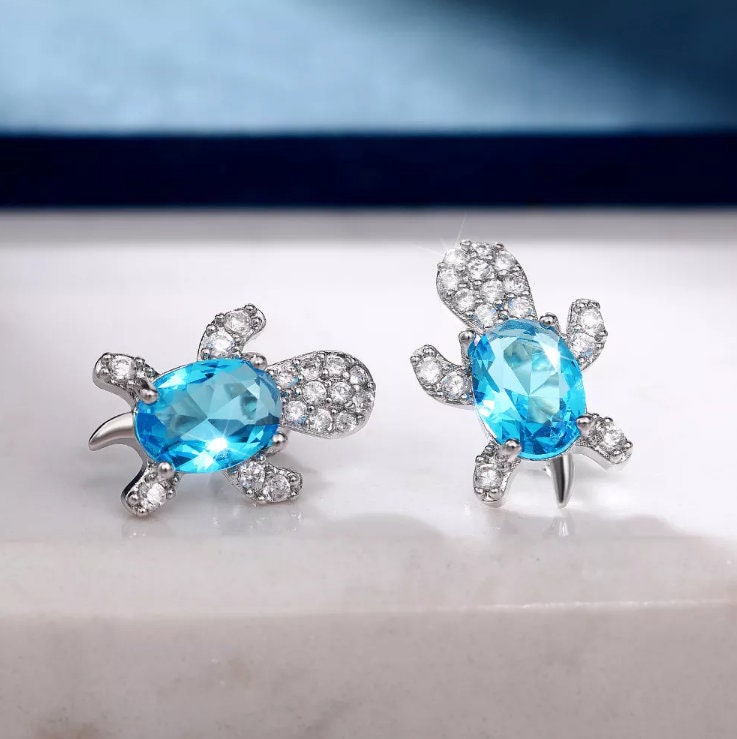 Diamond Earrings | Womens Earrings | Diamond Ear Studs | Womens Stud Earrings | Aquamarine Earrings | Blue Diamond Earrings | Mens Ear Studs