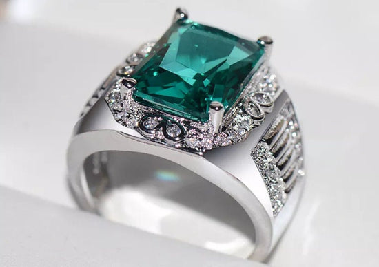 Mens big green diamond ring, Teal blue diamond ring, Mens Green diamond ring