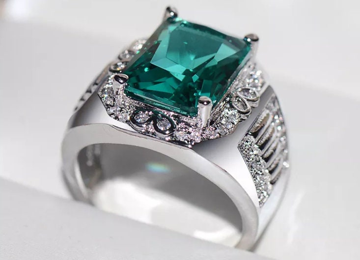 Mens big green diamond ring, Teal blue diamond ring, Mens Green diamond ring