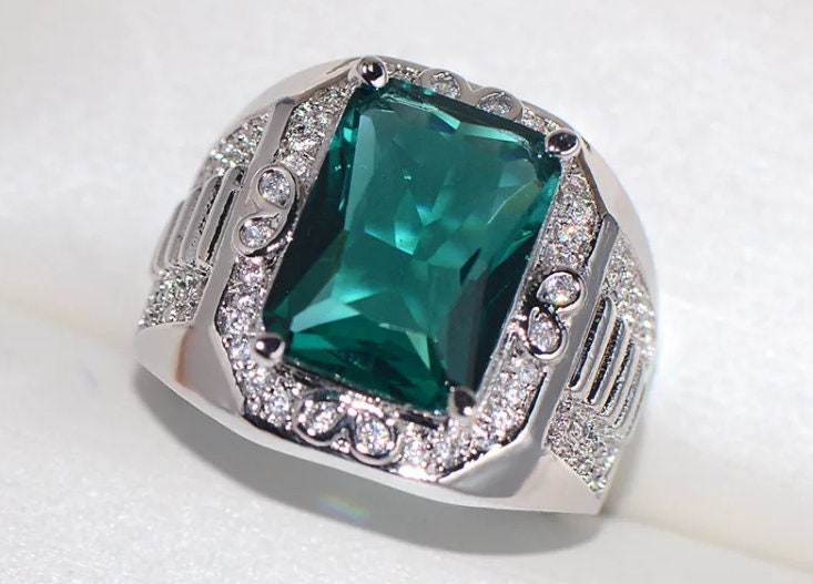 Mens big green diamond ring, Teal blue diamond ring, Mens Green diamond ring