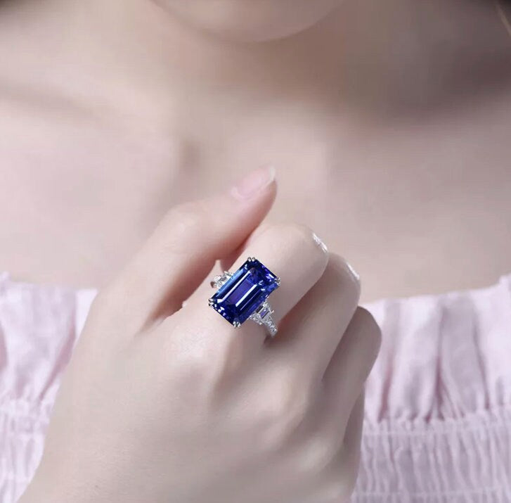 Sapphire Blue Diamond Ring | Blue Diamond Engagement Ring | Sapphire Blue Ring | Blue Wedding Ring | Blue Emerald Ring | Emerald Cut Ring