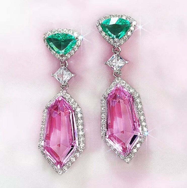 Pink Diamond Earrings | Green Diamond Earrings | Womens Earrings | Halo Earrings | Dangle Earrings | Summer Earrings | Pink Earrings