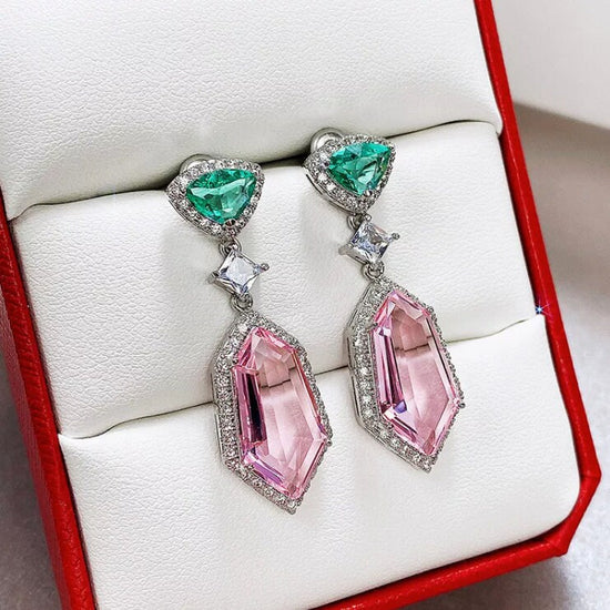 Pink Diamond Earrings | Green Diamond Earrings | Womens Earrings | Halo Earrings | Dangle Earrings | Summer Earrings | Pink Earrings