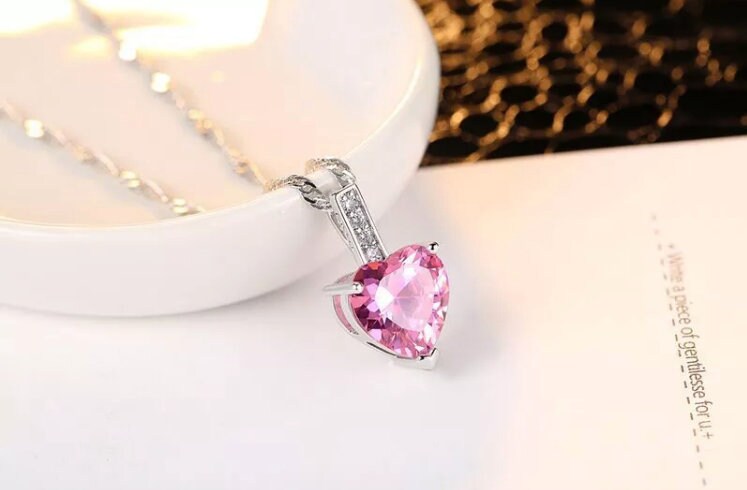 Womens Diamond Necklace | Pink Diamond Heart Necklace | Heart Necklace with Diamonds | Diamond Heart Pendant  | Pink Diamond Necklace