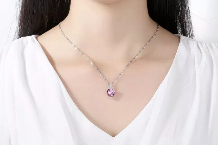 Womens Diamond Necklace | Pink Diamond Heart Necklace | Heart Necklace with Diamonds | Diamond Heart Pendant  | Pink Diamond Necklace