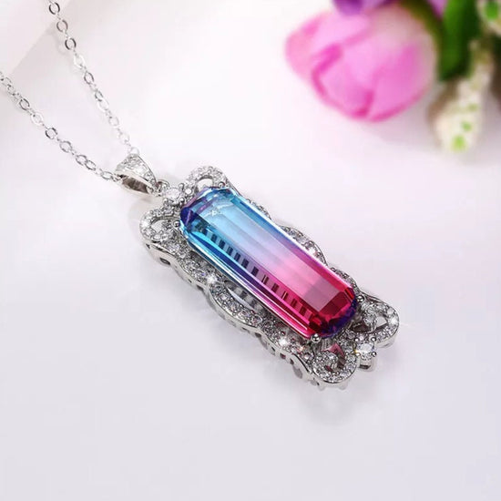 Womens Necklace | Aquamarine Diamond Necklace | Blue Diamond Pendant | Pink Diamond Pendant | Pink Diamond Necklace | Rectangle Necklace