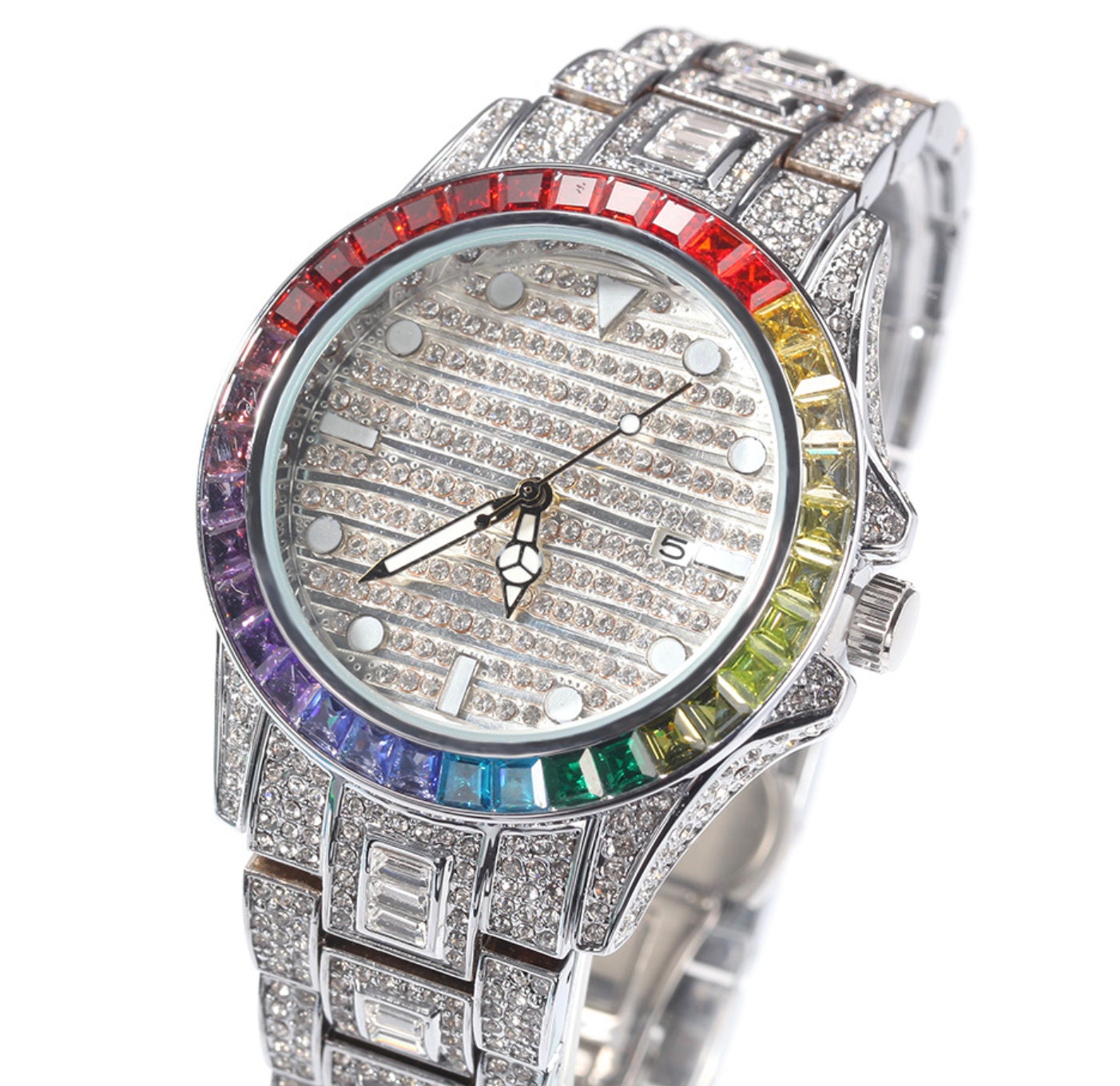 Iced Out Watch | Iced Watch | Mens Iced Out Watch | Hip Hop Watch | Baguette Watch | Diamond Watches | Rainbow Bezel Watch  | Rainbow Watch