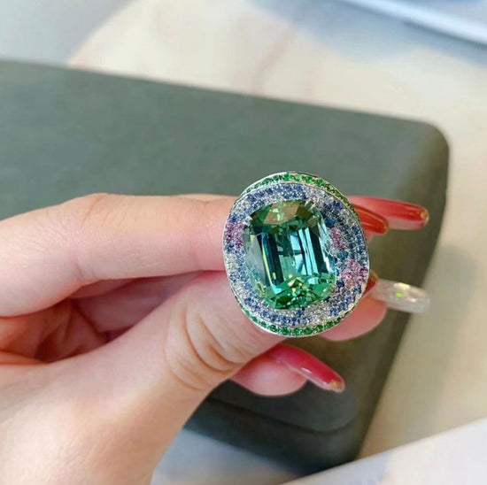 Womens Big Gemstone Ring | Statement Ring | Green Diamond Ring | Womens Big Diamond Ring | Emerald Diamond Ring | Round Green Diamond Ring