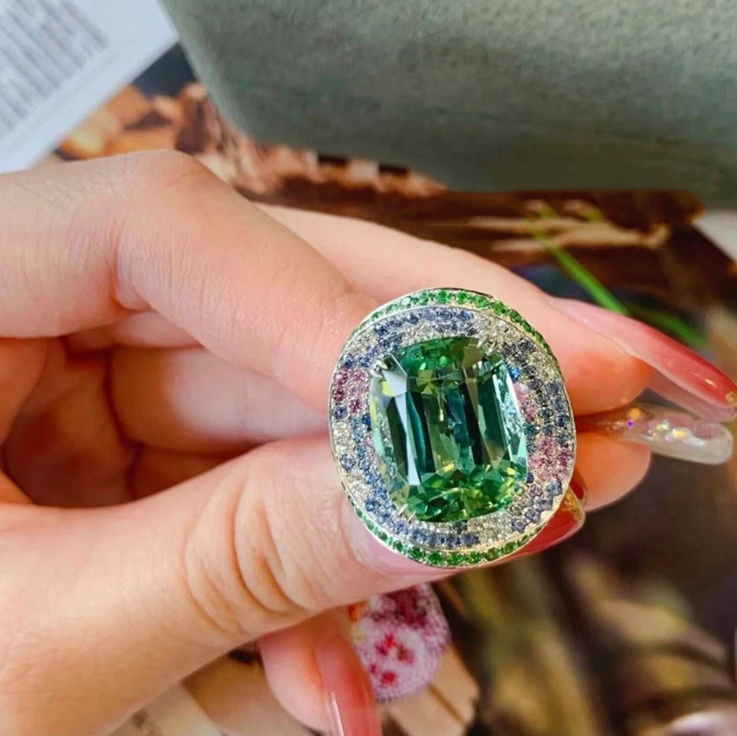 Womens Big Gemstone Ring | Statement Ring | Green Diamond Ring | Womens Big Diamond Ring | Emerald Diamond Ring | Round Green Diamond Ring